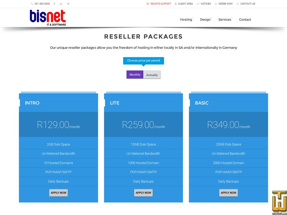 Intro > bisnet.co.za, ZAR 129.00/mo. on Reseller, Linux