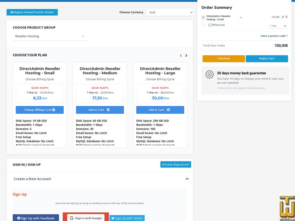 screenshot of DirectAdmin Reseller Hosting - Small from hostwebis.com