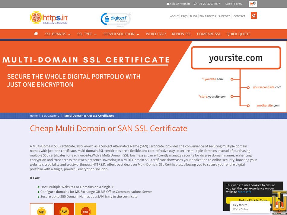 Taken on 9 August, 2023 screenshot of Multi-Domain SSL Certificate from https.in