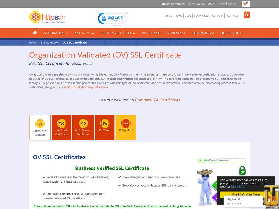 Taken on 9 August, 2023 screenshot of Organization Validation (OV) SSL Certificate from https.in