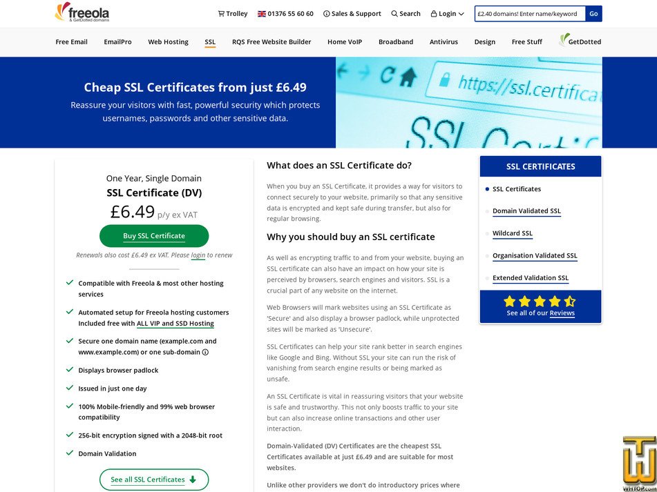 screenshot of SSL Certificate (DV) from freeola.com