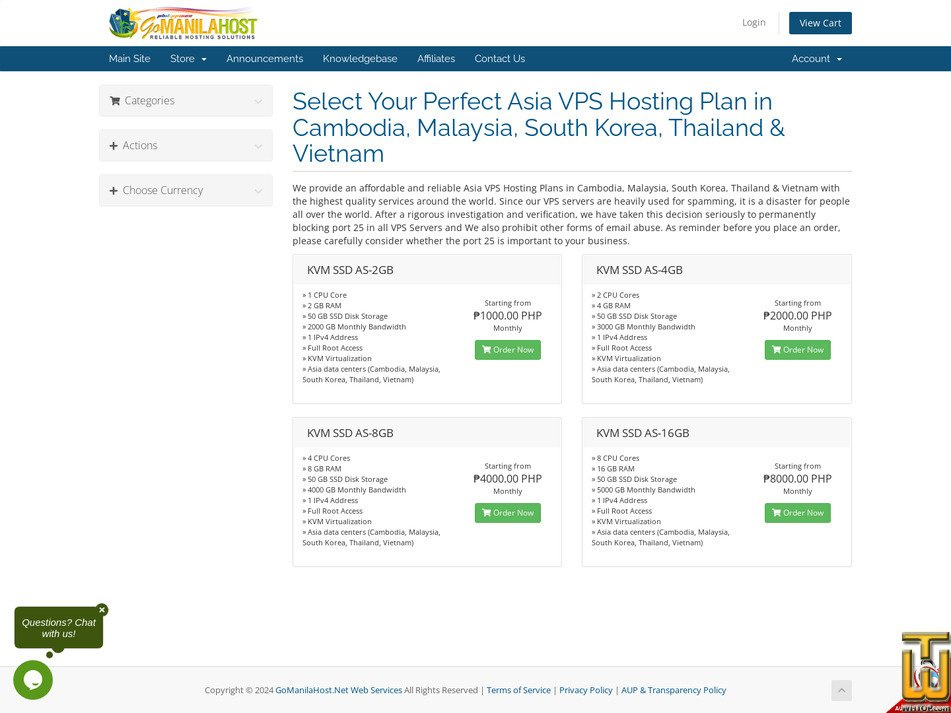screenshot of VPS Hosting (Cambodia, Malaysia, South Korea, Thailand, Vietnam) from gomanilahost.net