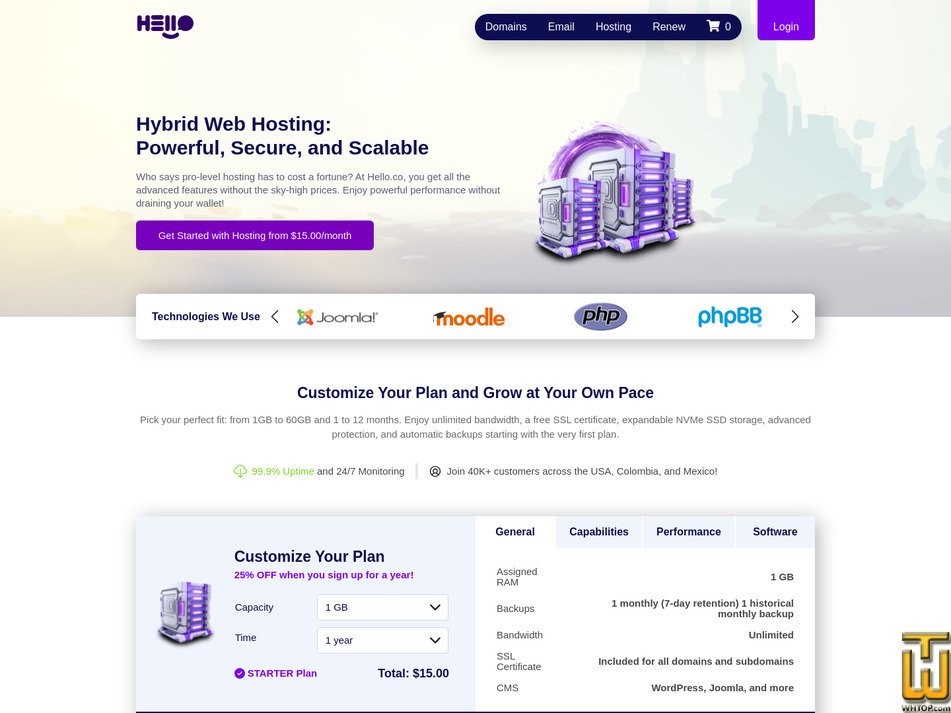 screenshot of Starter hybrid hosting from hello.co