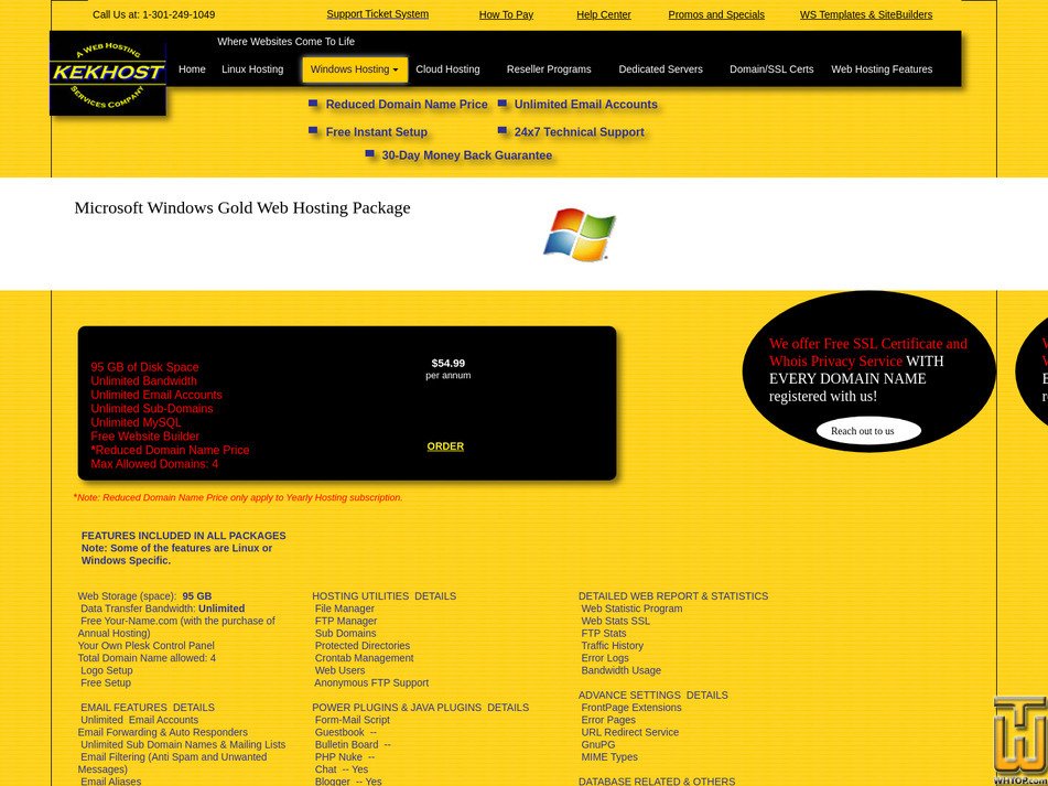 screenshot of Windows Gold Hosting Package from kekhost.com