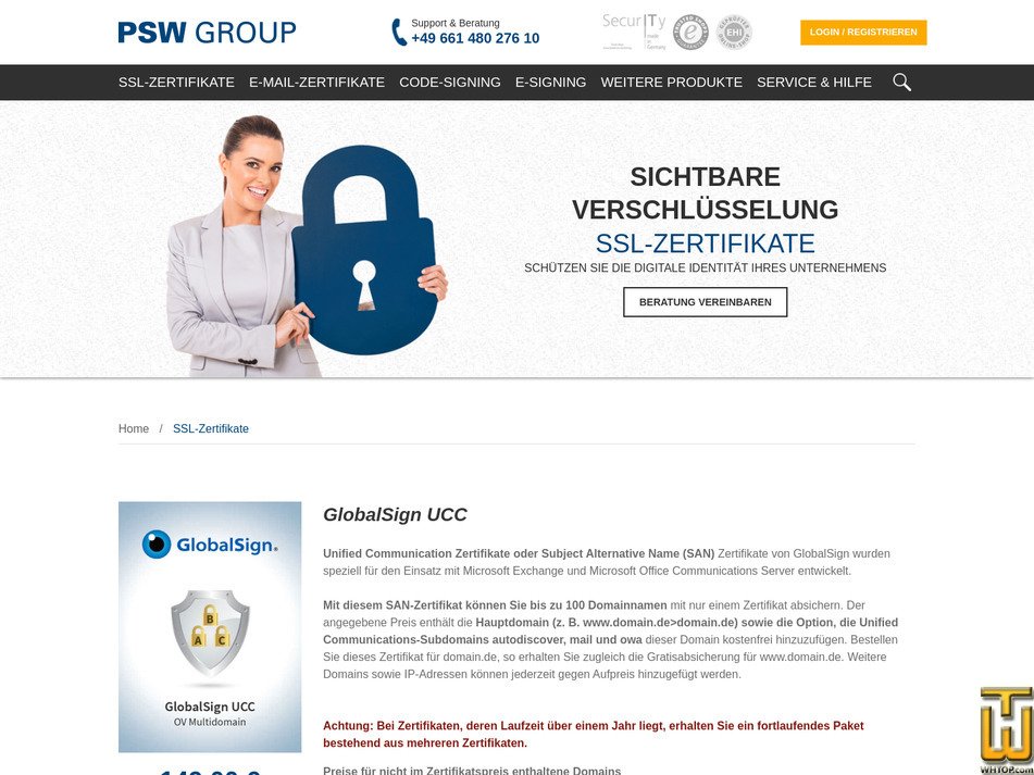 screenshot of GlobalSign UCC OV Multidomain from psw-group.de