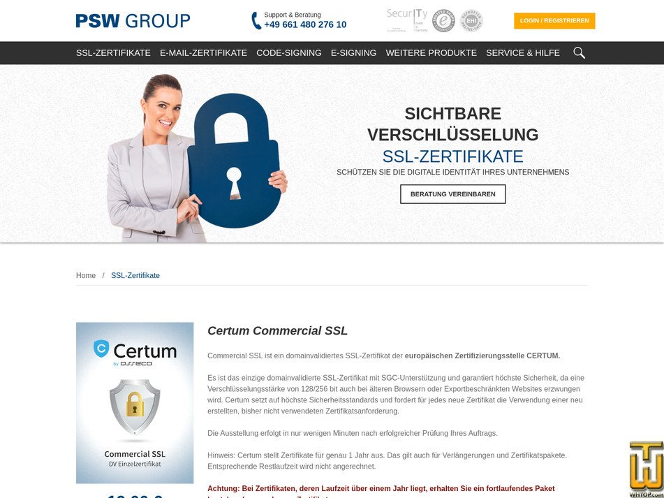 screenshot of Certum Commercial SSL from psw-group.de
