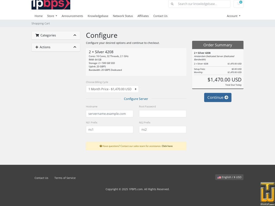 screenshot of Dual Silver 4208 – 20Gbps Dedicated Bandwidth from 1pbps.com