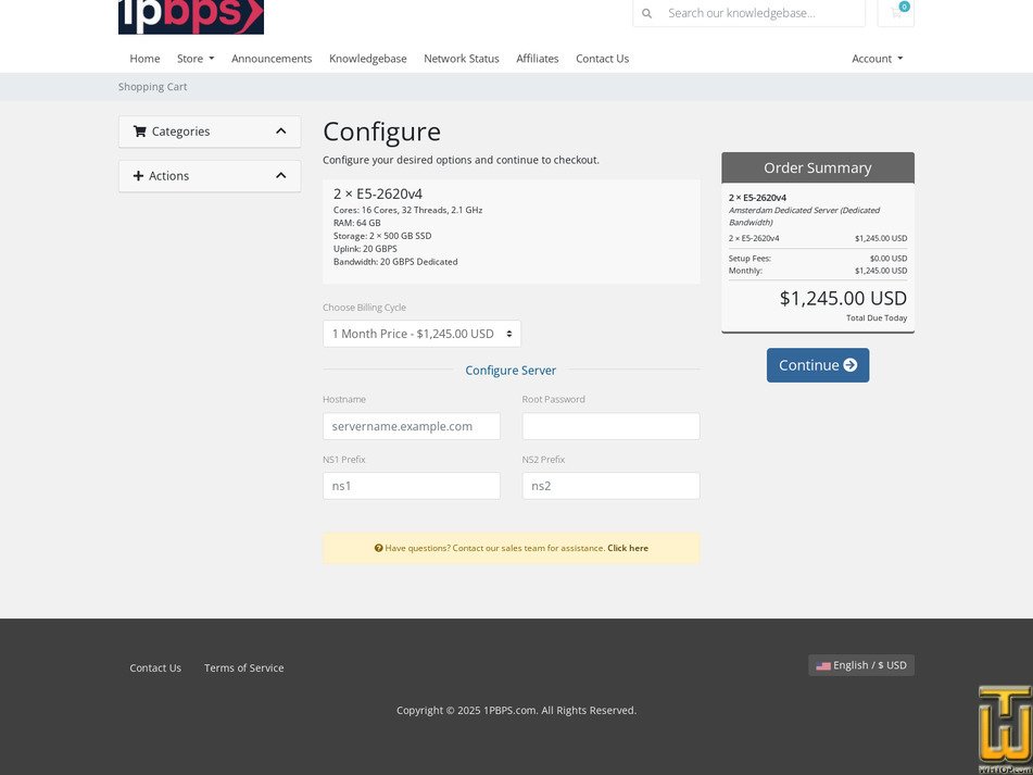 screenshot of Dual E5-2620v4 – 20Gbps Dedicated Bandwidth from 1pbps.com