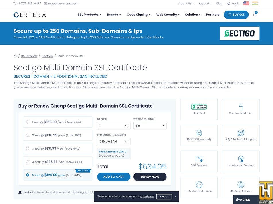 screenshot of Sectigo Multi-Domain SSL (DV) from certera.com