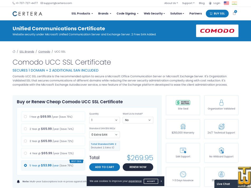 screenshot of Comodo UCC SSL (OV) from certera.com