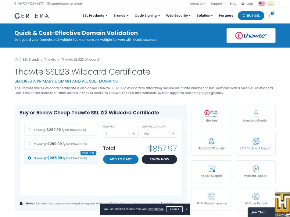 screenshot of Thawte SSL123 Wildcard from certera.com