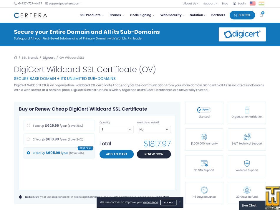 screenshot of DigiCert Wildcard SSL Certificate from certera.com