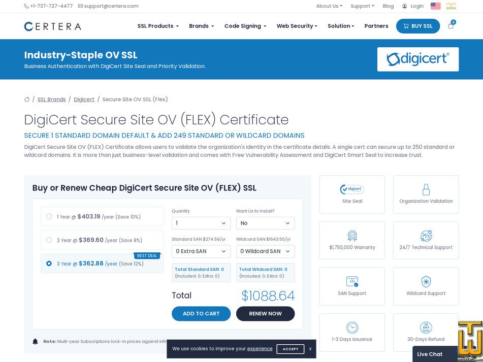 screenshot of DigiCert Secure Site OV (FLEX) from certera.com