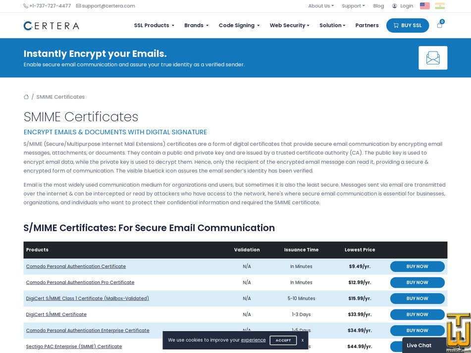 screenshot of SMIME Certificates from certera.com