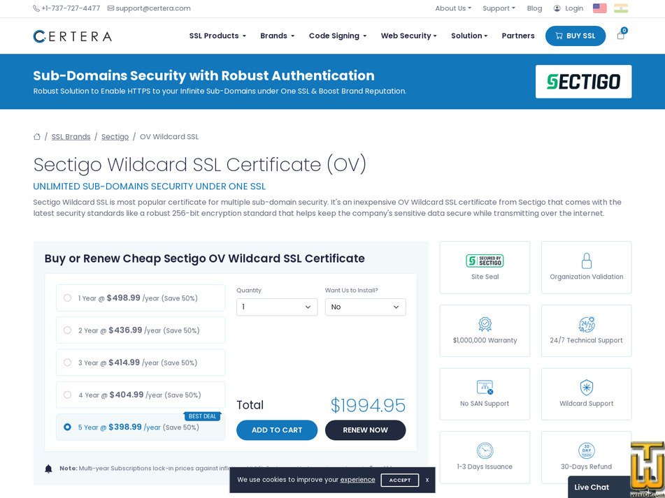 screenshot of Sectigo OV Wildcard SSL from certera.com