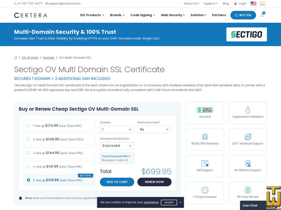 screenshot of Sectigo OV Multi-Domain SSL from certera.com