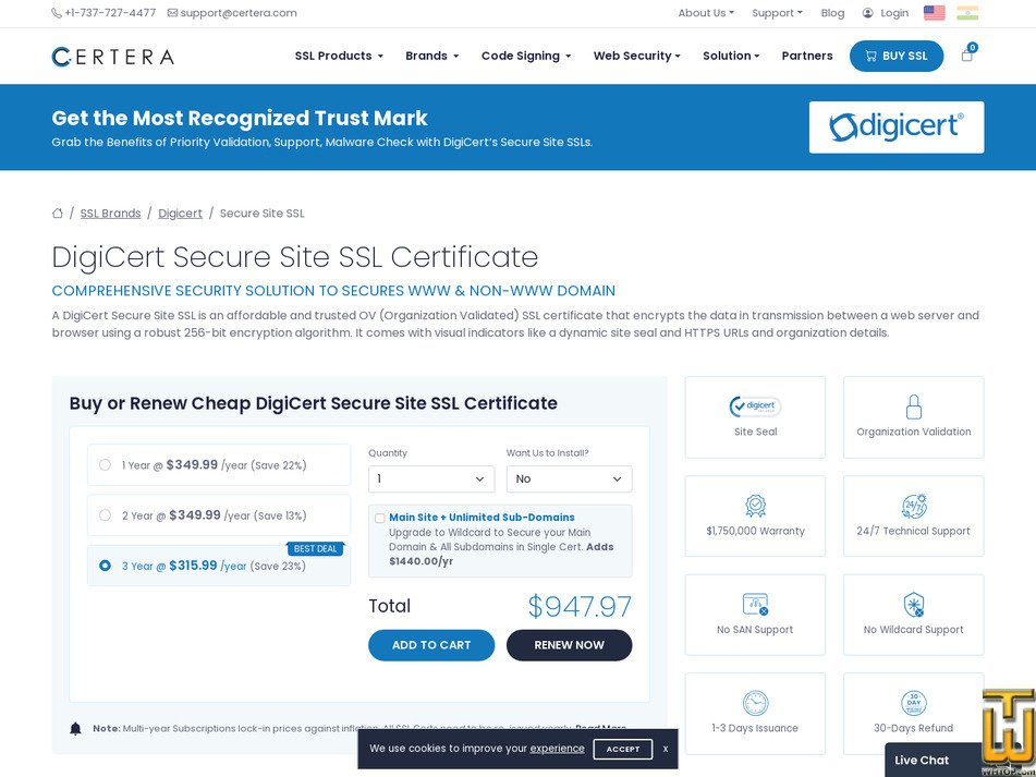 screenshot of DigiCert Secure Site SSL Certificate from certera.com