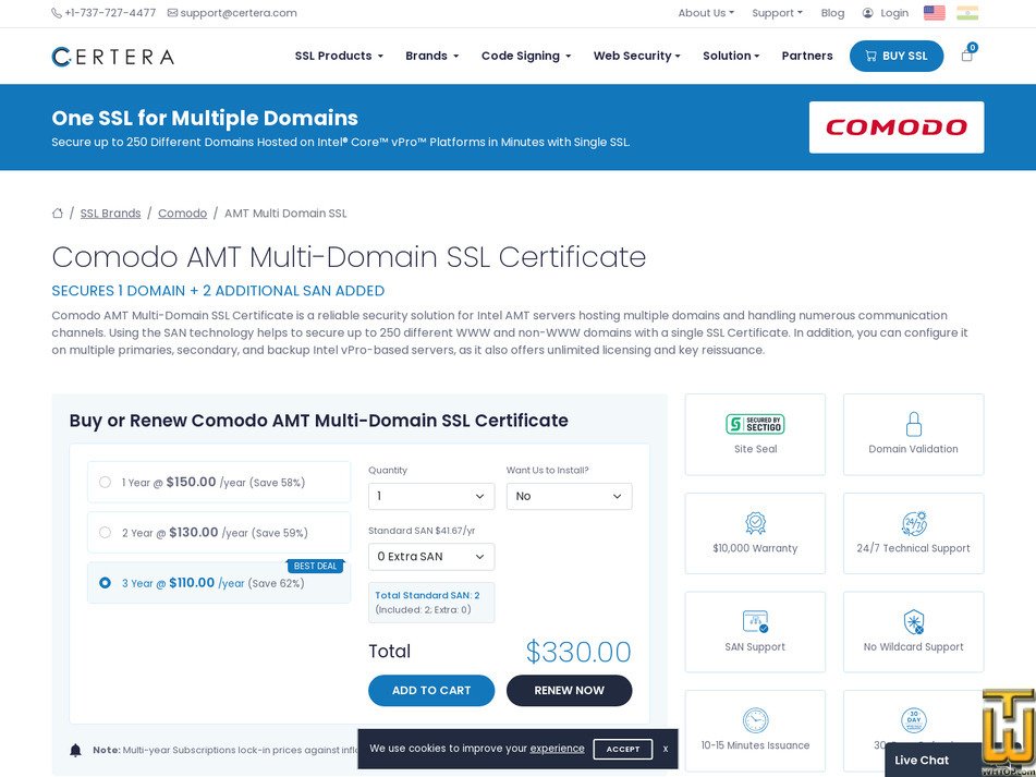screenshot of Comodo AMT Multi-Domain (DV) from certera.com