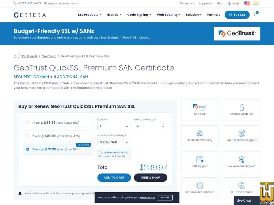 screenshot of GeoTrust QuickSSL Premium SAN from certera.com