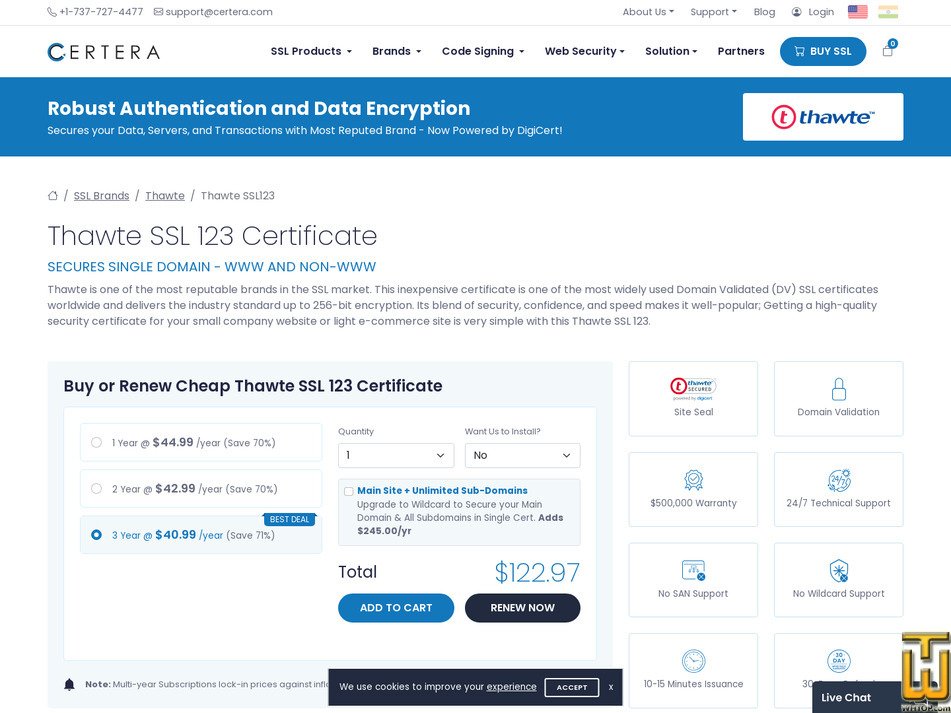 screenshot of Thawte SSL123 from certera.com