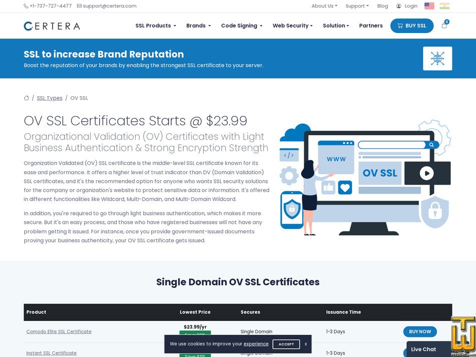 screenshot of OV SSL Certificates from certera.com