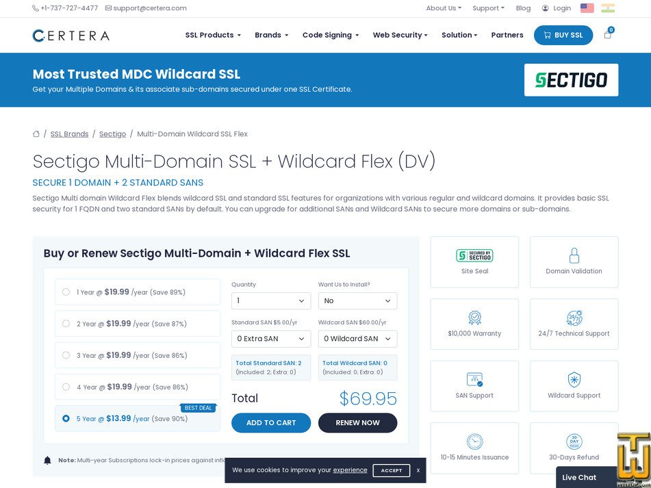 Taken on 6 November, 2025 screenshot of Sectigo Multi Domain + Wildcard Flex from certera.com