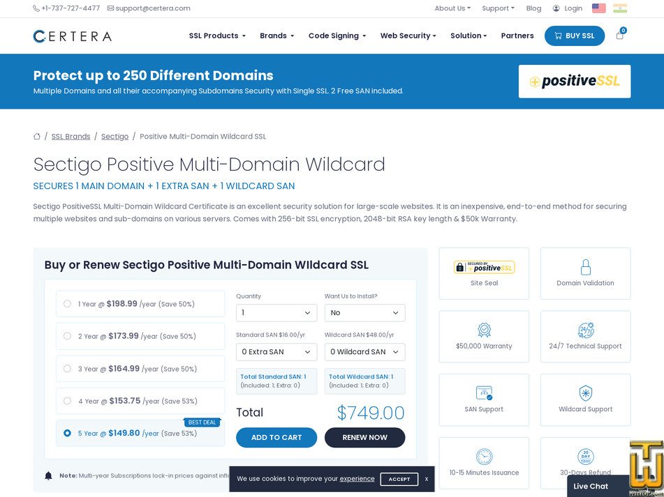 screenshot of Sectigo PositiveSSL Multi Domain Wildcard from certera.com