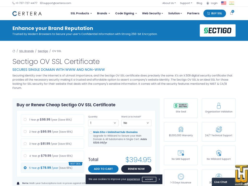screenshot of Sectigo OV SSL Certificate from certera.com