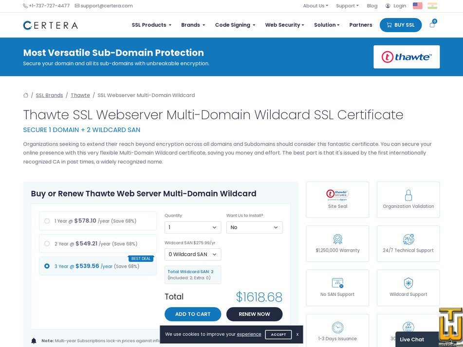 screenshot of Thawte SSL Web Server Multi-Domain Wildcard from certera.com