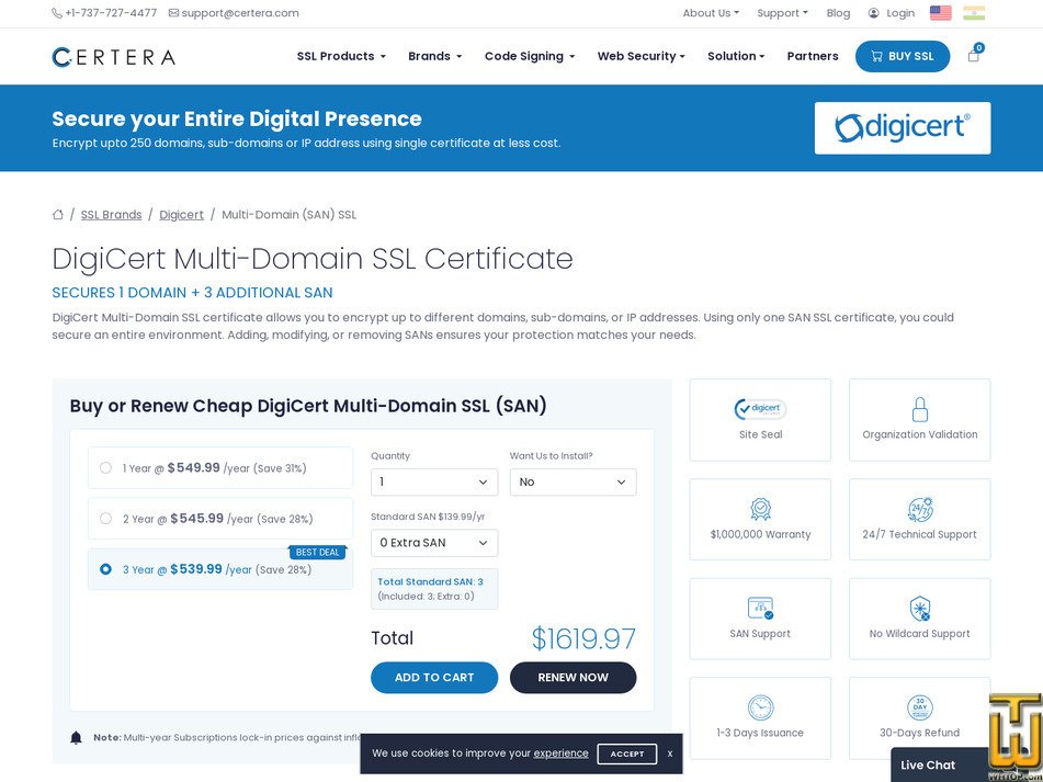screenshot of DigiCert Multi-Domain SSL from certera.com