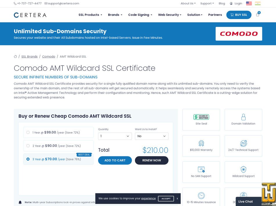 screenshot of Comodo AMT Wildcard SSL from certera.com