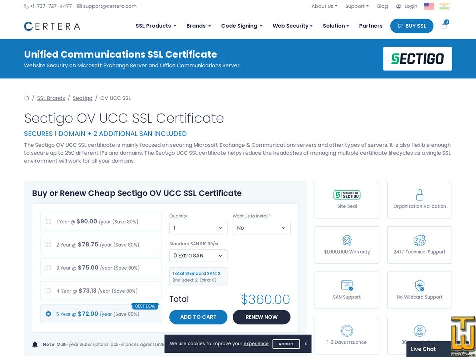 screenshot of Sectigo OV UCC SSL Certificate from certera.com