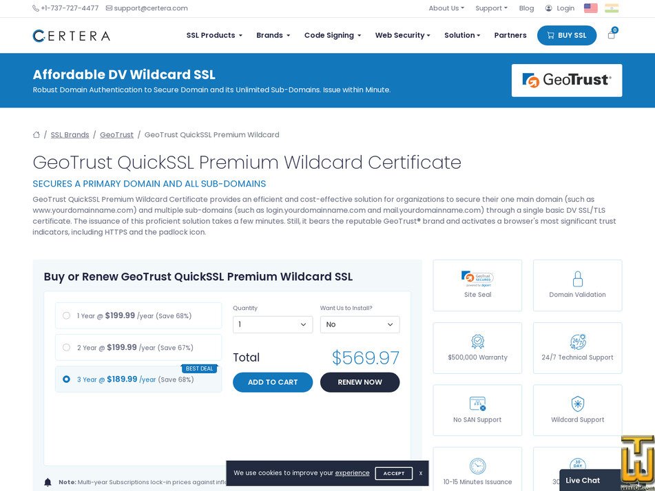 screenshot of GeoTrust QuickSSL Premium Wildcard from certera.com