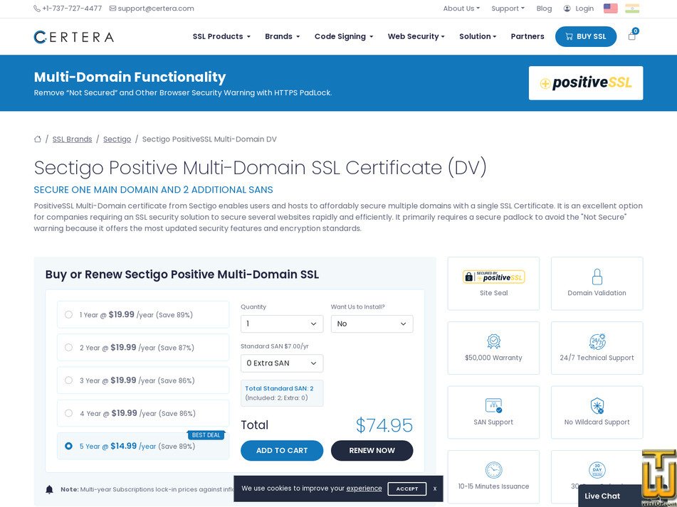 screenshot of Sectigo PositiveSSL Multi-Domain from certera.com