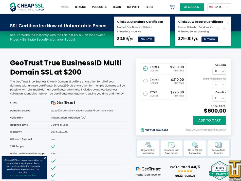 screenshot of GeoTrust True BusinessID Multi Domain SSL from cheapsslshop.com