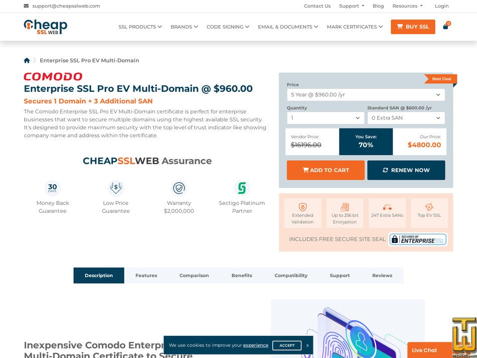 screenshot of Enterprise SSL Pro with EV Multi-Domain from cheapsslweb.com