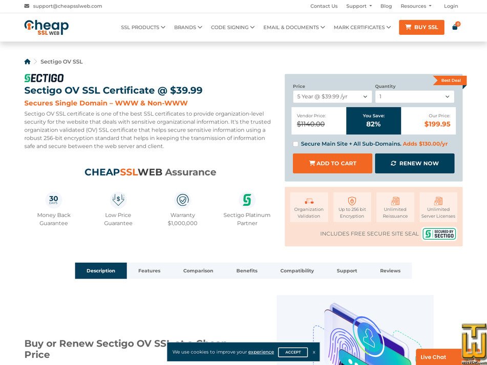 screenshot of Sectigo OV SSL Certificate from cheapsslweb.com