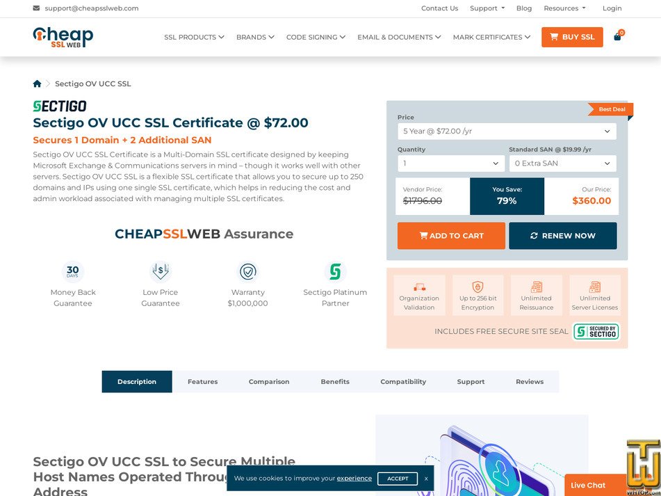 screenshot of Sectigo OV UCC SSL Certificate from cheapsslweb.com