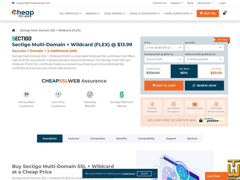 screenshot of Sectigo Multi Domain SSL + Wildcard (FLEX) from cheapsslweb.com