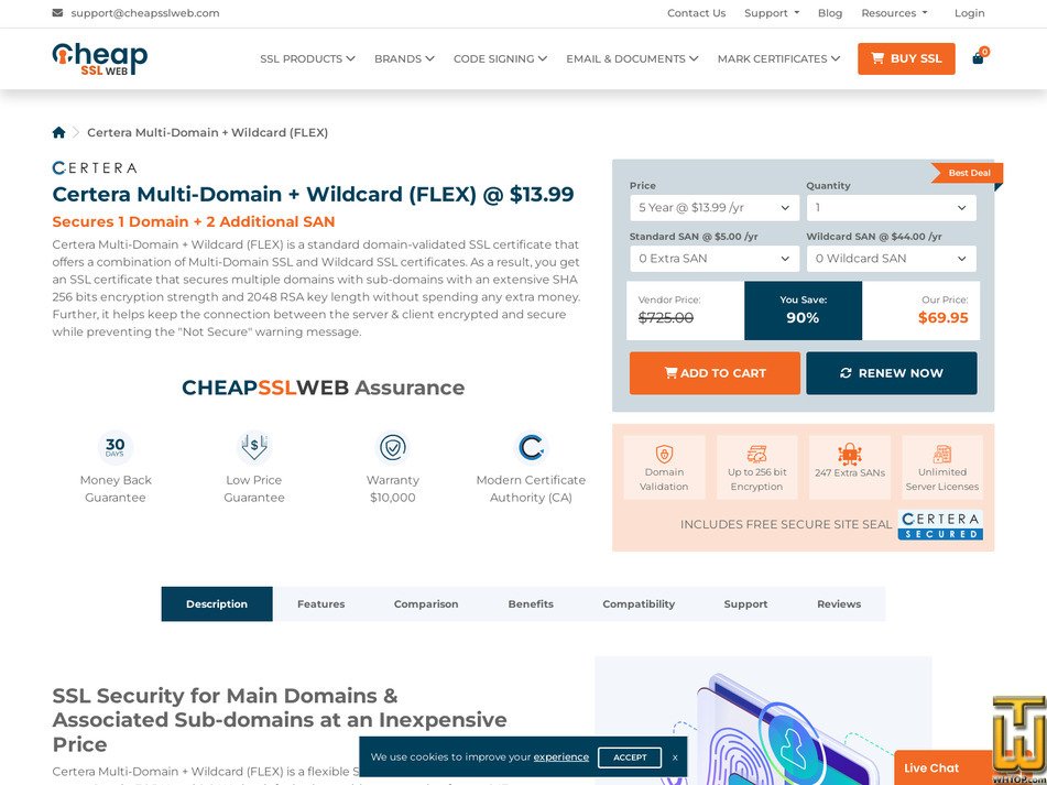 screenshot of Certera Multi-Domain SSL + Wildcard (FLEX) from cheapsslweb.com