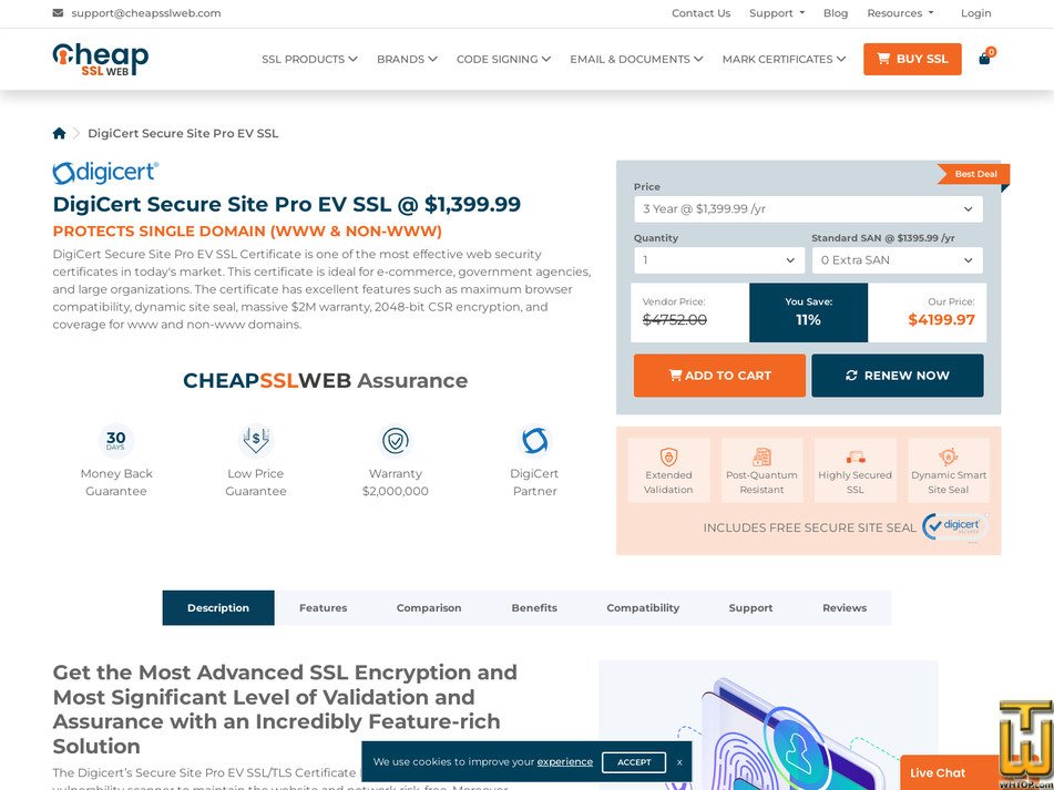 screenshot of DigiCert Secure Site Pro EV SSL from cheapsslweb.com