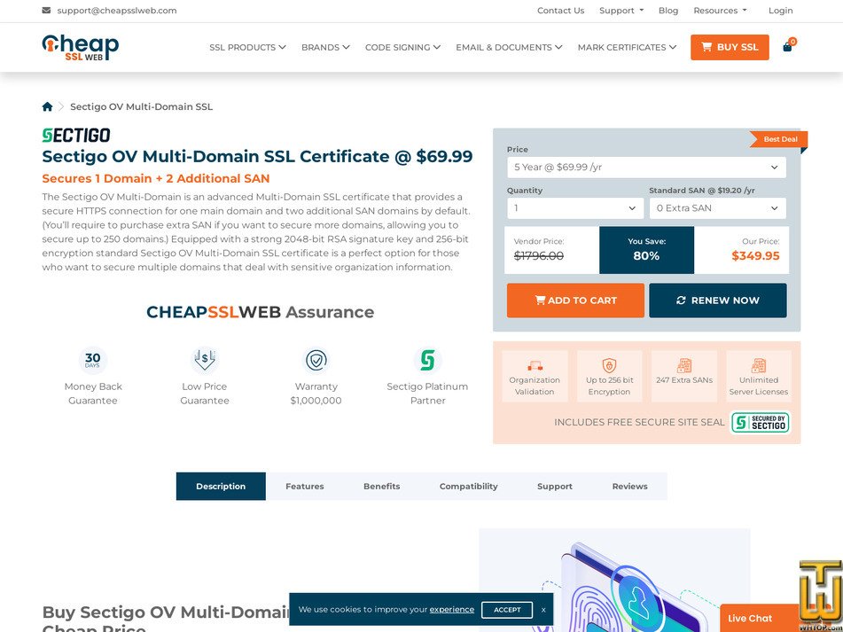 screenshot of Sectigo OV Multi Domain SSL Certificate from cheapsslweb.com