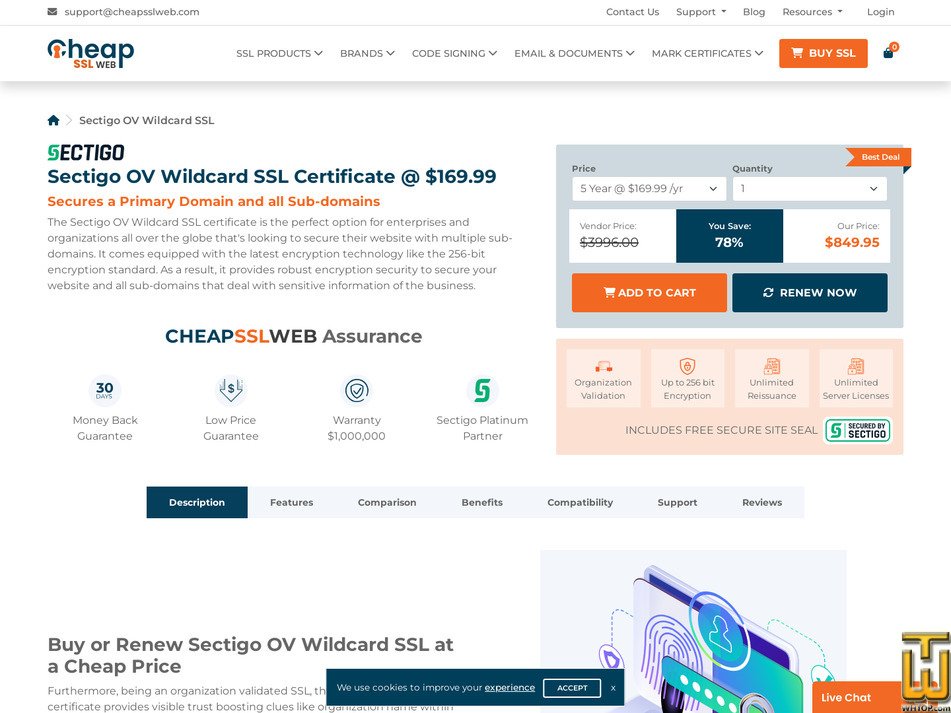 screenshot of Sectigo OV Wildcard SSL from cheapsslweb.com