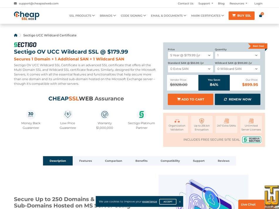 screenshot of SECTIGO UCC Wildcard Certificate from cheapsslweb.com