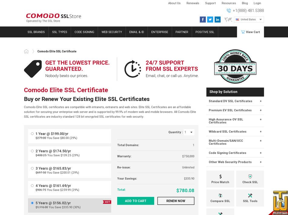 screenshot of Comodo Elite SSL (OV) from comodosslstore.com