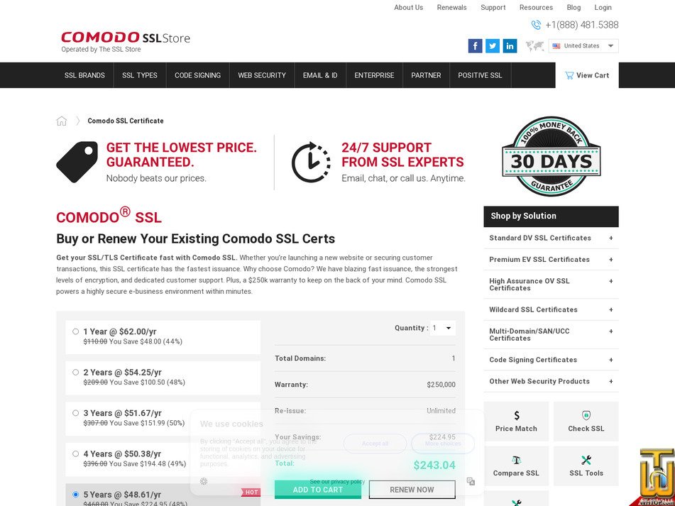 screenshot of Comodo SSL Certificate (DV) from comodosslstore.com