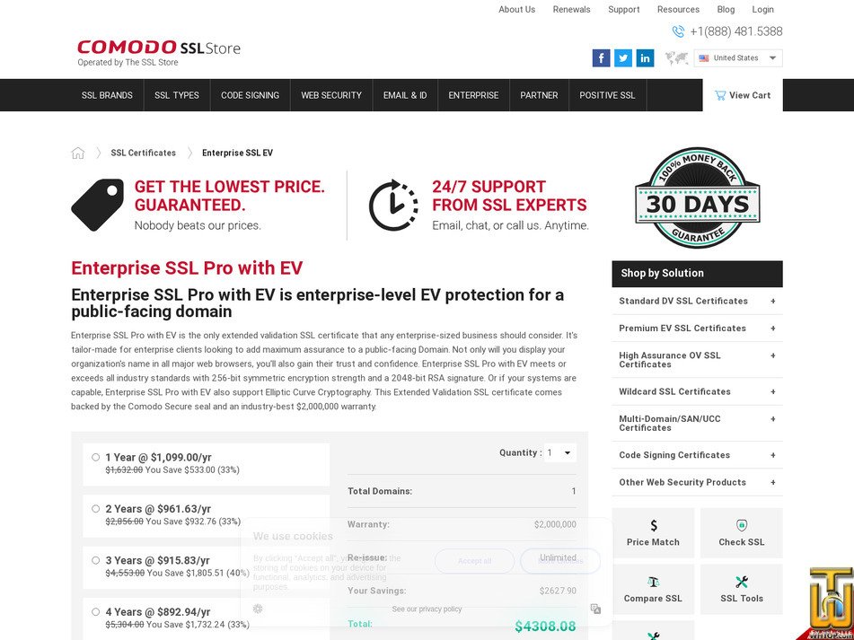 screenshot of EnterpriseSSL Pro with EV from comodosslstore.com