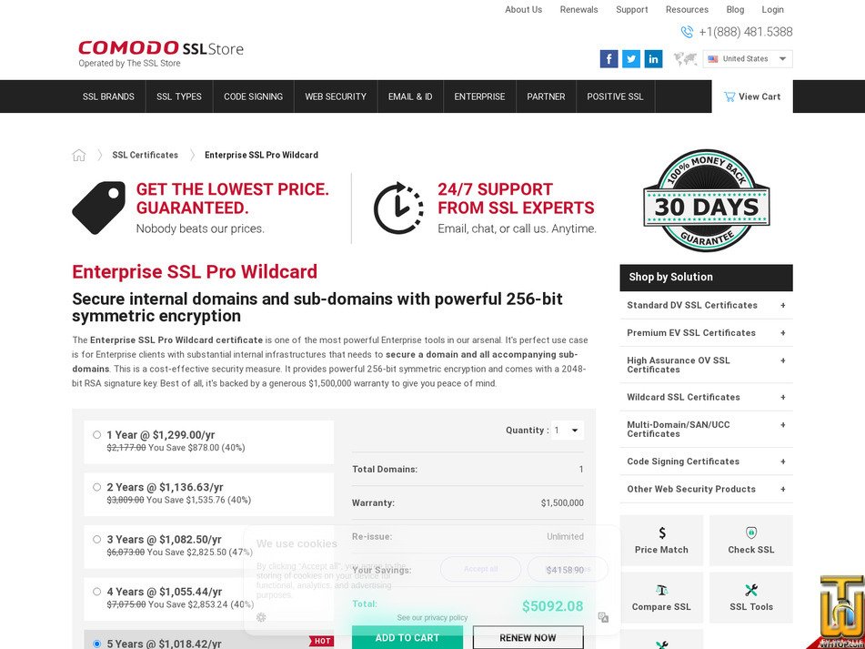 screenshot of EnterpriseSSL Pro Wildcard from comodosslstore.com