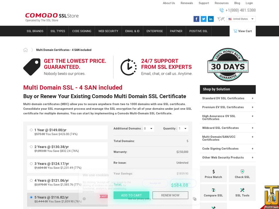 screenshot of Comodo Multi-Domain SSL (OV) from comodosslstore.com