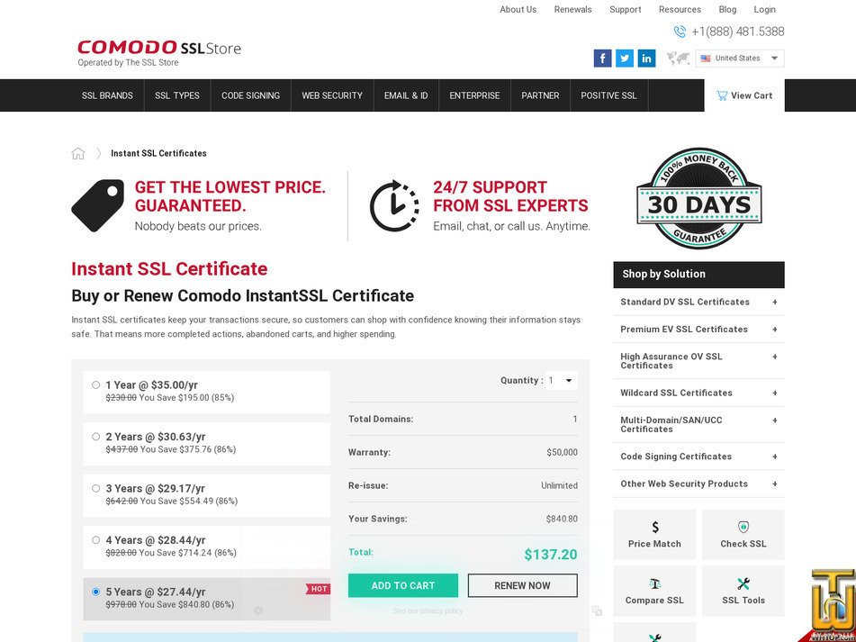 screenshot of InstantSSL (OV) from comodosslstore.com